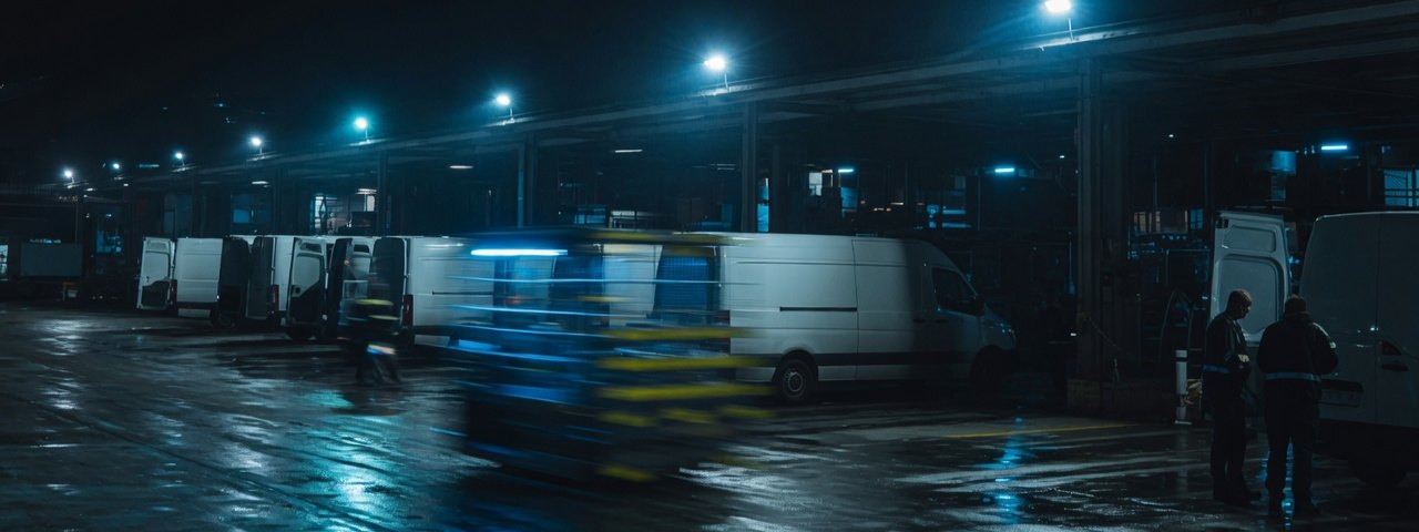 Cruce de andenes de noche: camionetas de carga formadas en las bahías bajo reflectores fríos, con un montacargas en movimiento captado en exposición larga