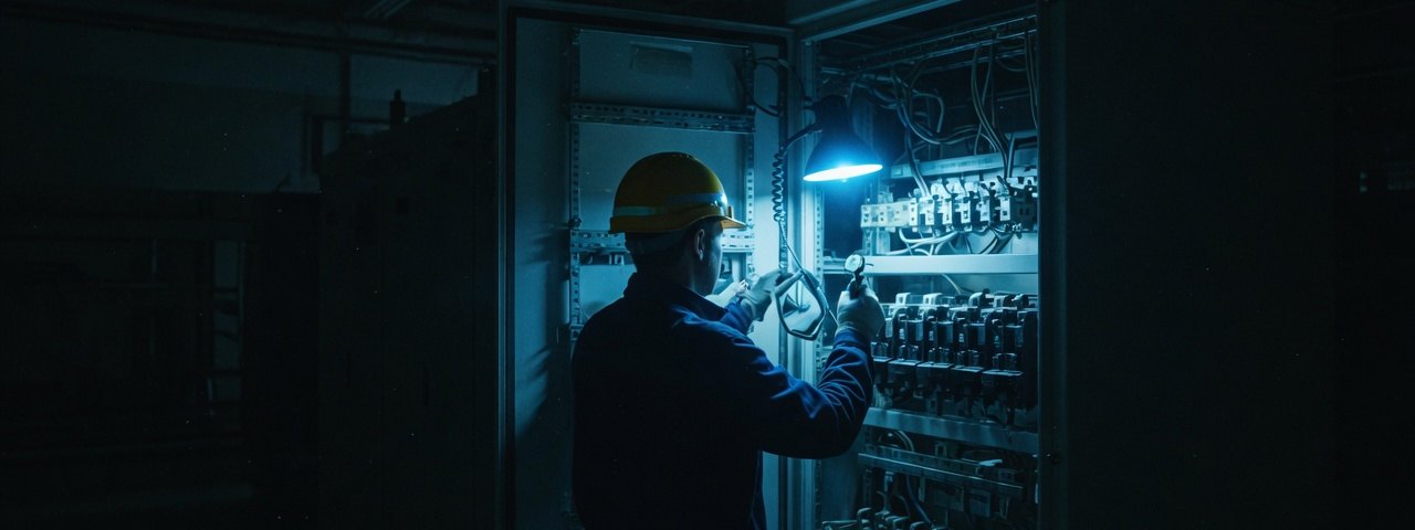 Técnico de mantenimiento revisando un tablero eléctrico industrial en un cuarto de máquinas iluminado sólo por una lámpara de trabajo
